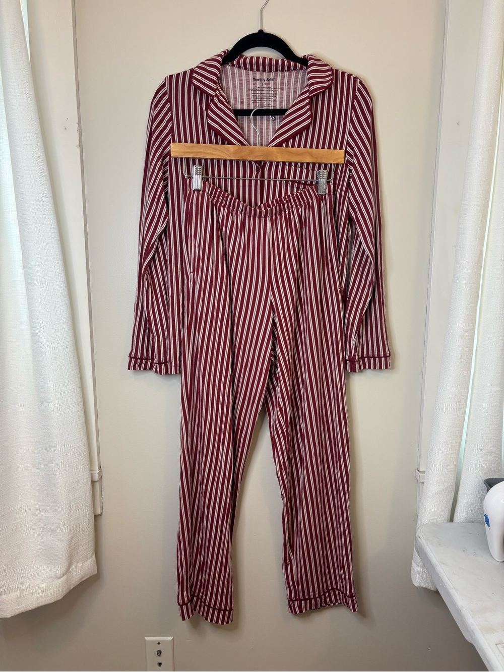 Women’s Burgundy and White Striped Pajama Set - Soft Cotton